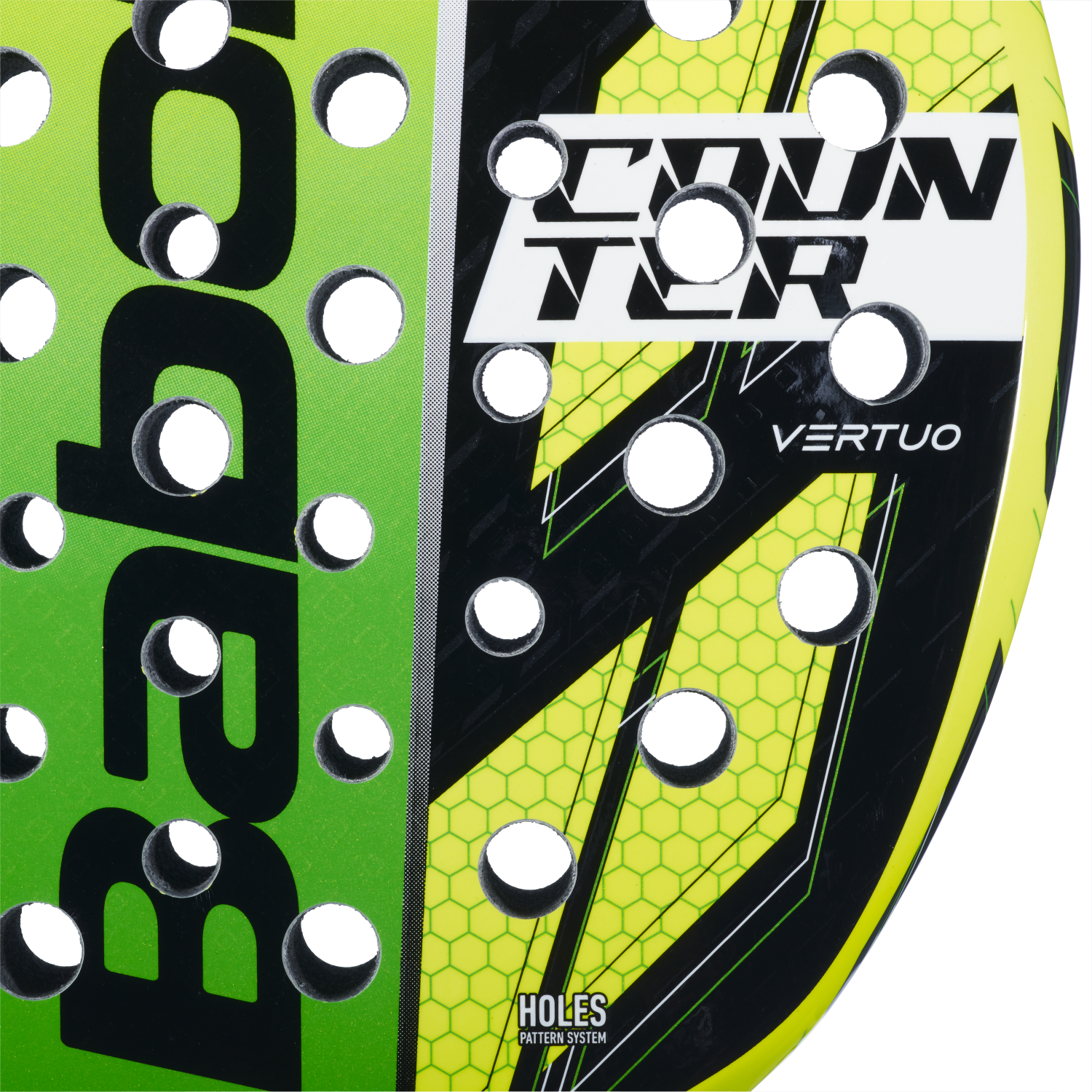 Close up image of the face of the BABOLAT Counter Vertuo Padel racket available in New Zealand at ThePadelShop.co.nz