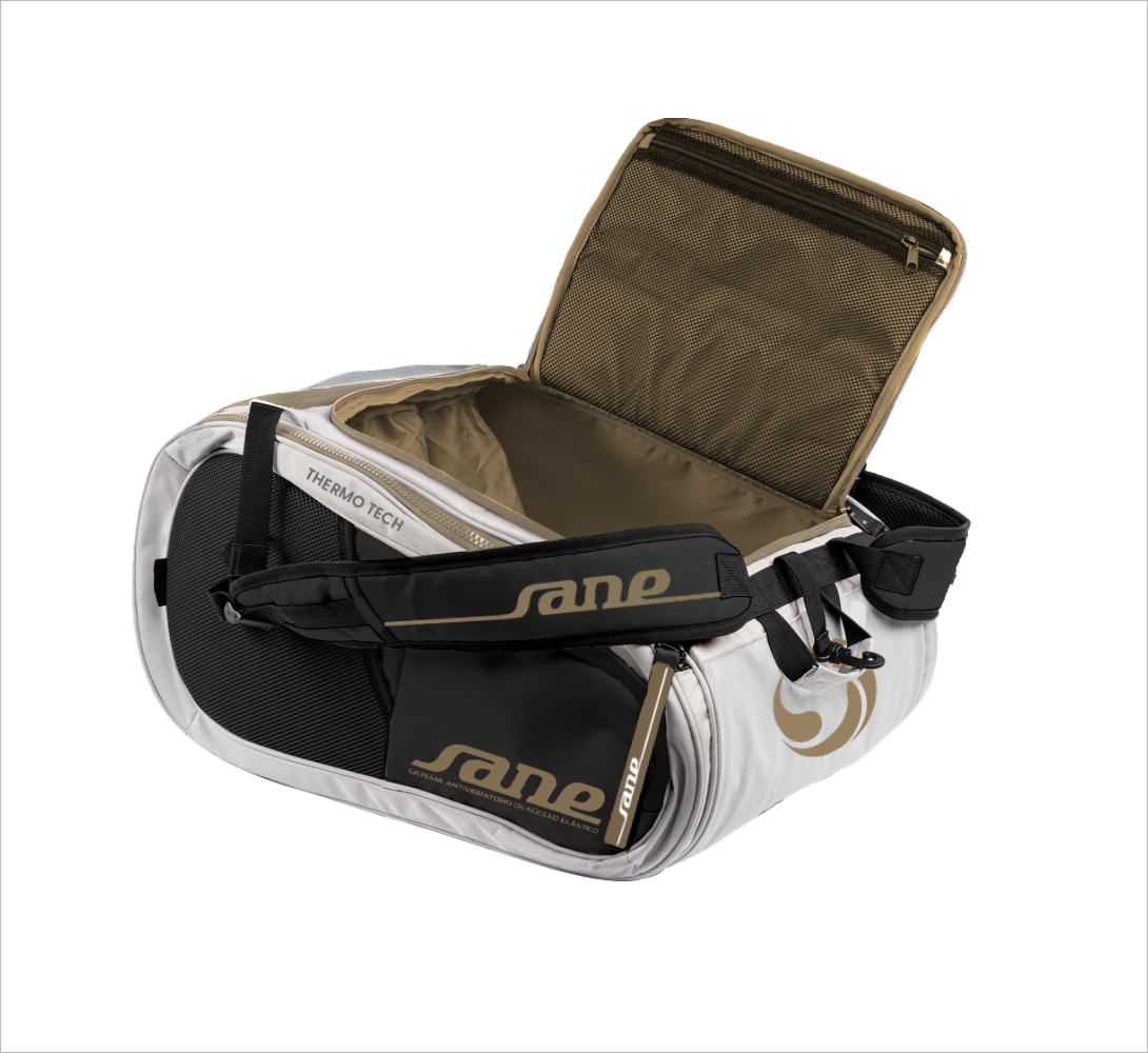 Open bag image of the White and  Black SANE Pro Elegance padel racket bag available in New Zealand from ThePadelShop.co.nz
