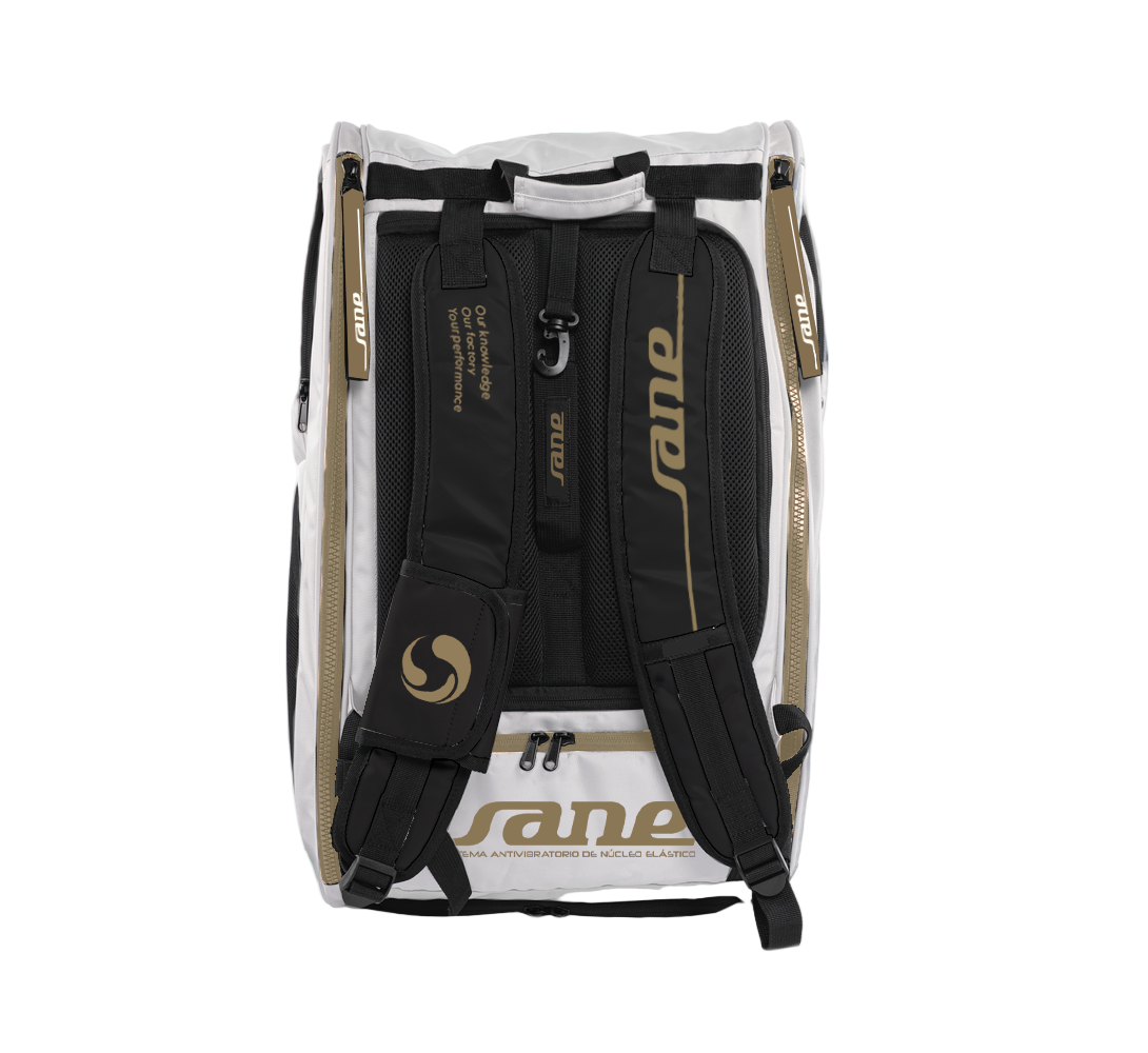Back of the bag image of the White and  Black SANE Pro Elegance padel racket bag available in New Zealand from ThePadelShop.co.nz
