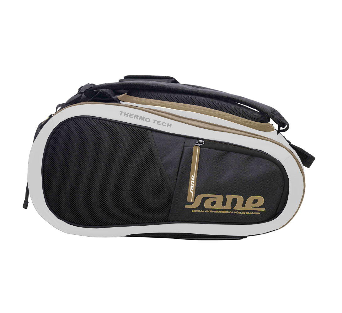 Side image of the White and  Black SANE Pro Elegance padel racket bag available in New Zealand from ThePadelShop.co.nz