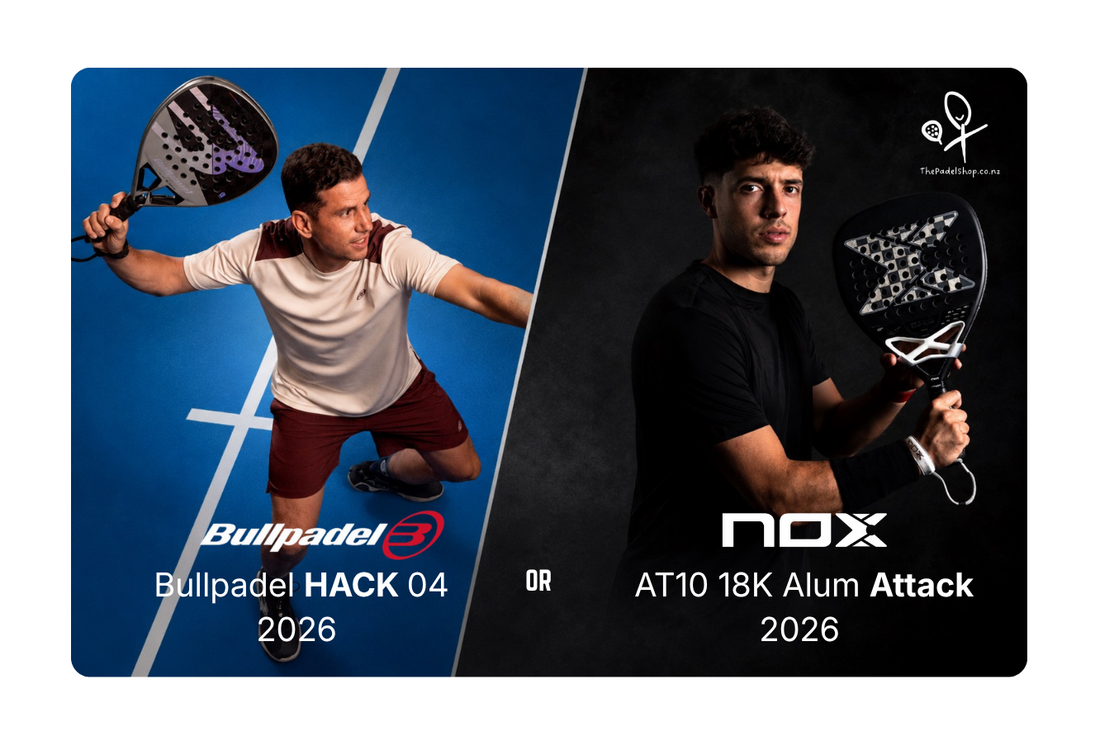 Padel racket comparison between the Bullpadel Hack 04 2026 and the Nox AT10 18k Alum Attack 2026