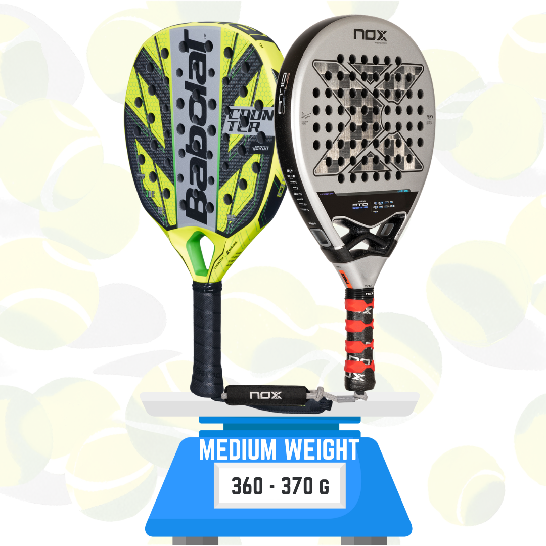 Image of two padel rackets on a weight scale (360-370g) - ThePadelShop.co.nz