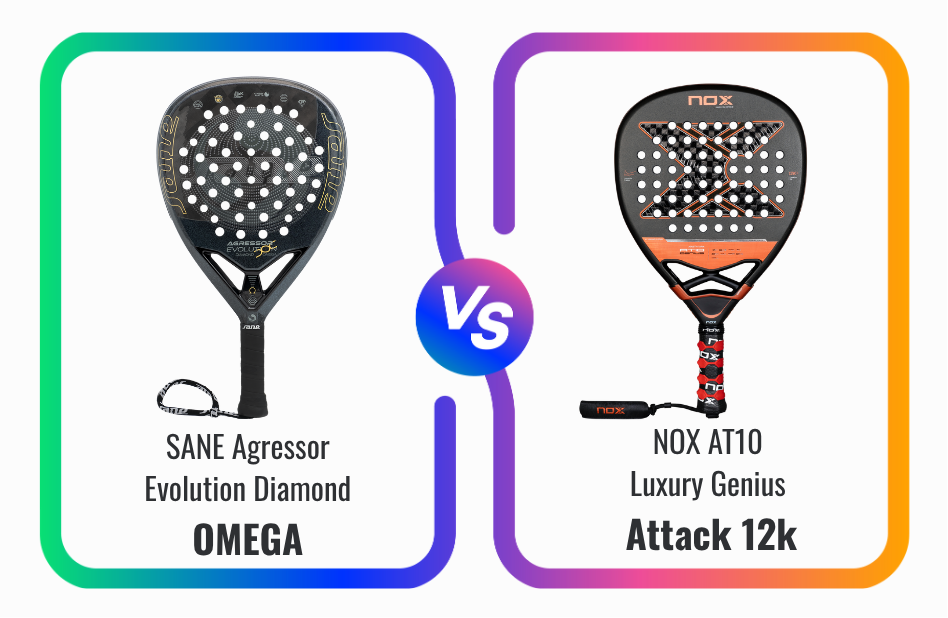 A blog comparing the SANE Agressor Evolution Diamond OMEGA and the NOX AT10 Luxury Genius ATTACK 12k padel rackets