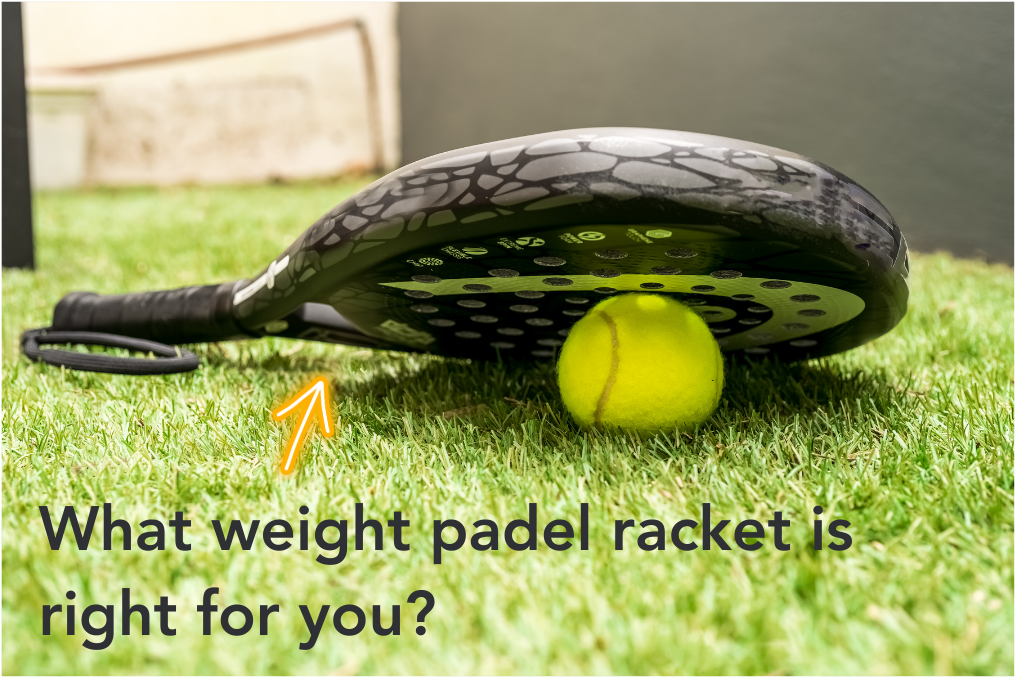 Padel racquet on top of padel ball on grass - What weight padel racket is right for you?
