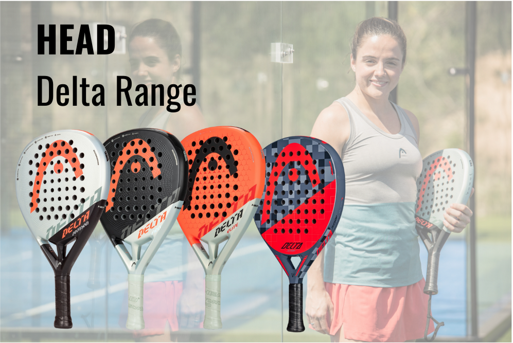 HEAD Delta padel racket range over image of a women holding a Head Delta Racket - ThePadelShop.co.nz
