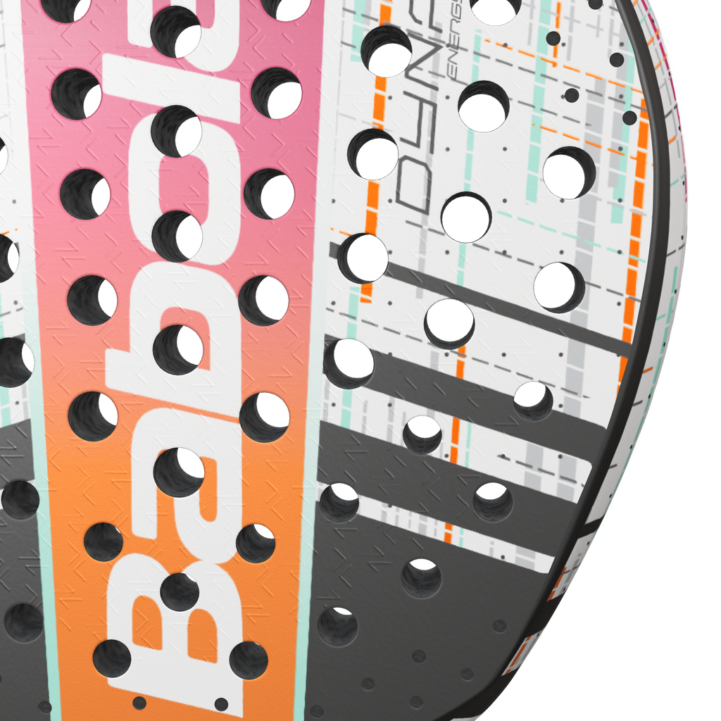 Close up of the hitting face of the BABOLAT Dyna Energy padel racket available for sale in New Zealand at ThePadelShop.co.nz