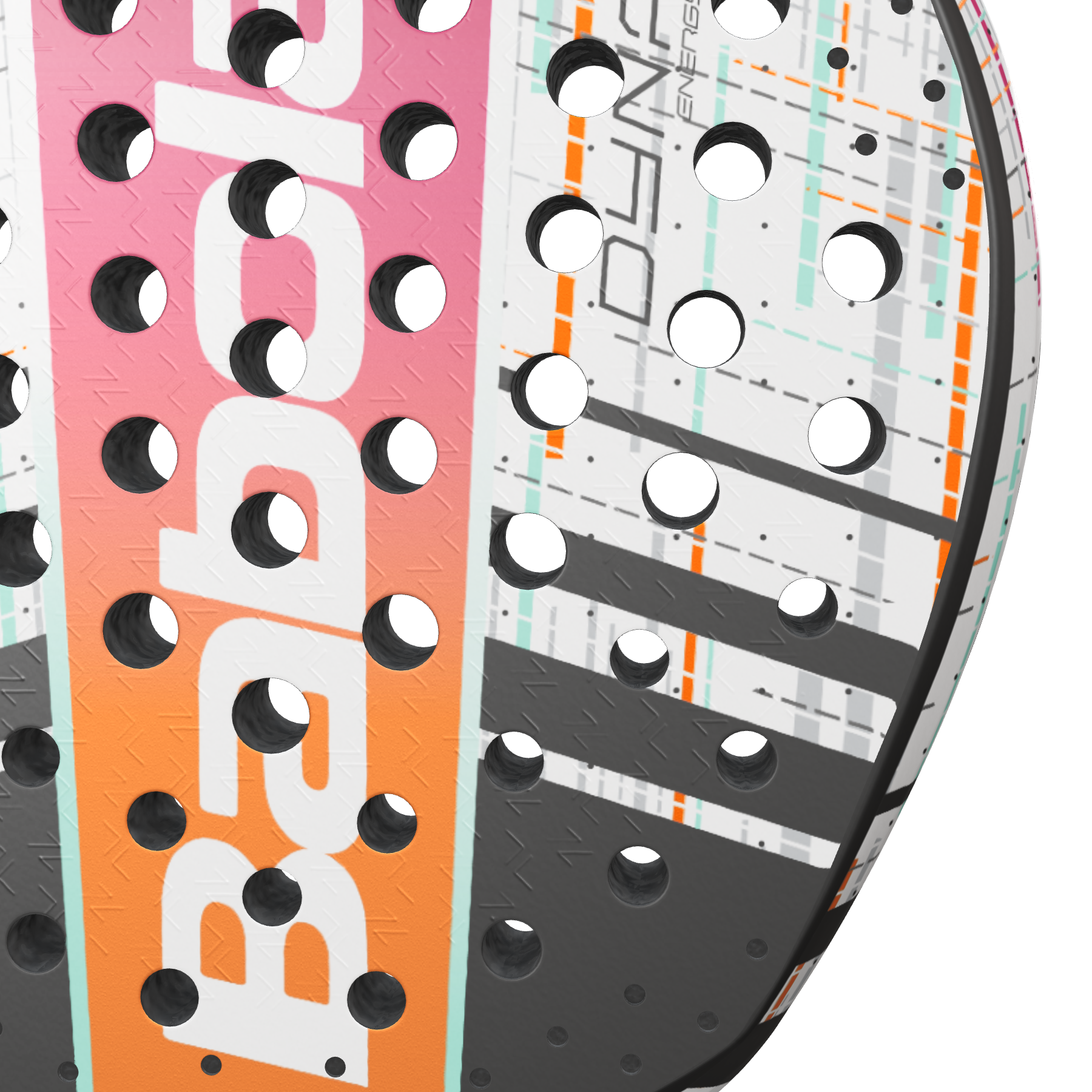 Close up of the hitting face of the BABOLAT Dyna Energy padel racket available for sale in New Zealand at ThePadelShop.co.nz