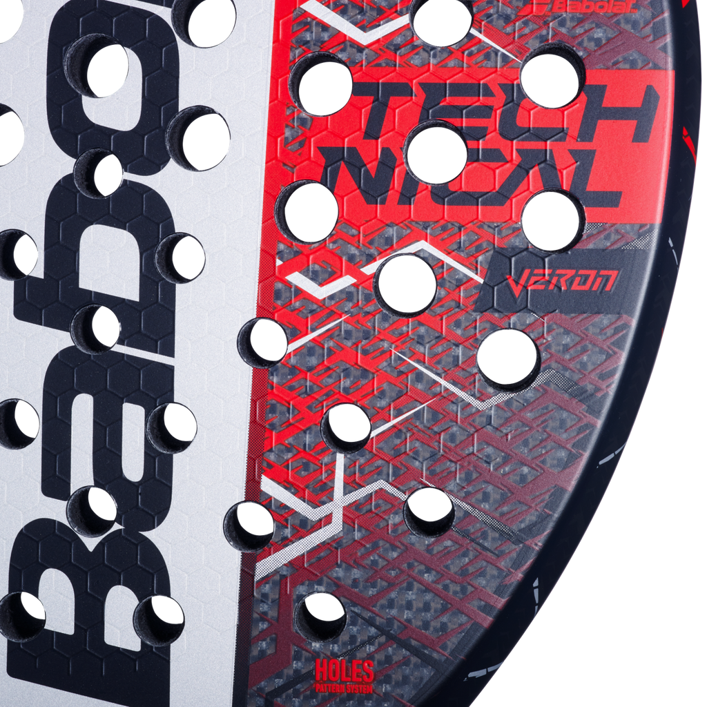 Close up image of the hitting surface of the Babolat Technical Veron 2025 padel racket available in New Zealand from ThePadelShop.co.nz