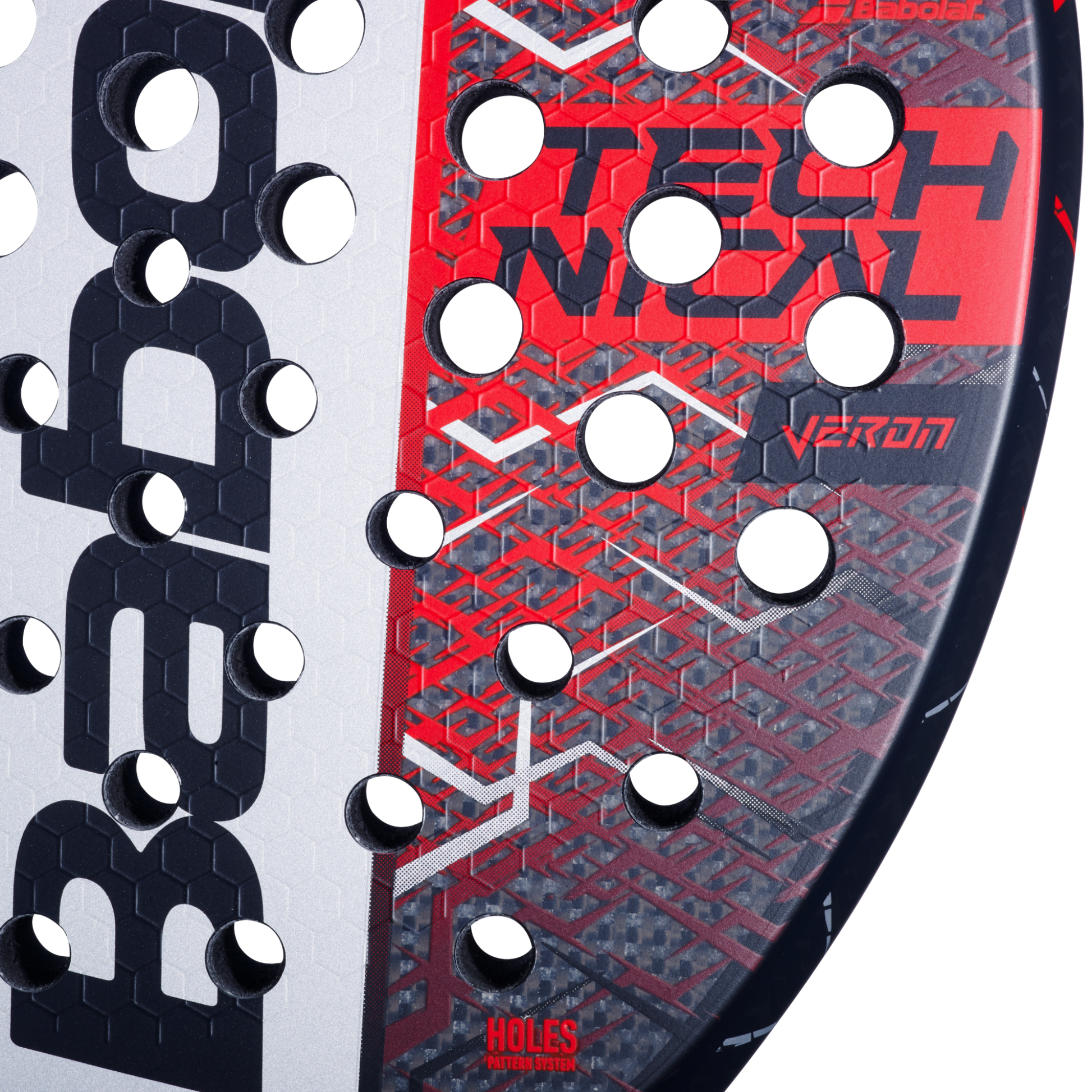 Close up image of the hitting surface of the Babolat Technical Veron 2025 padel racket available in New Zealand from ThePadelShop.co.nz