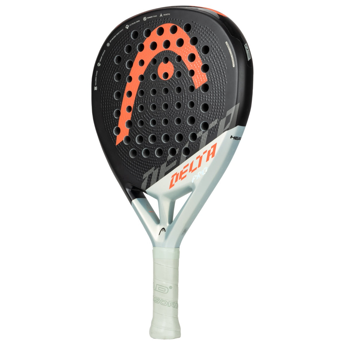Padel racket with black and orange design on a white background