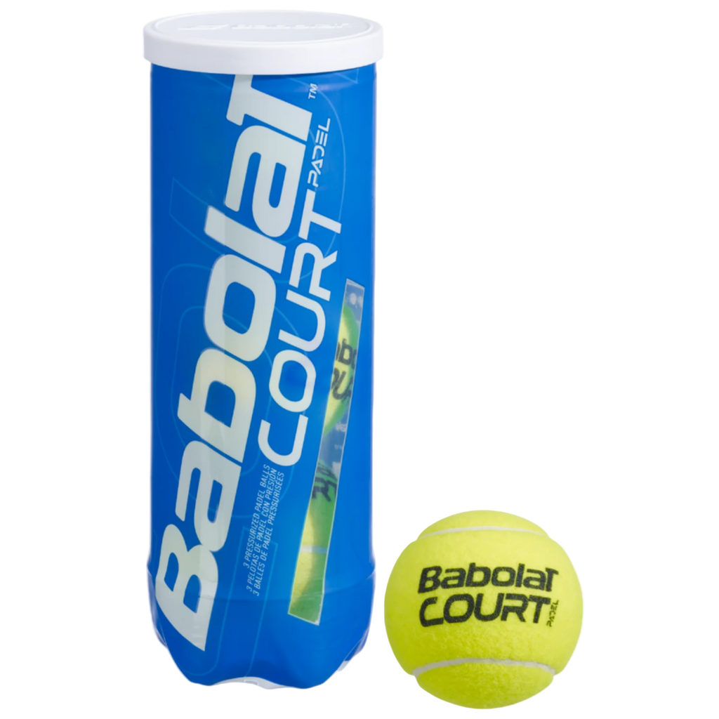 3 Pack can of Babolat Court padel Balls with a ball next to the can on sale at ThePadelShop.co.nz