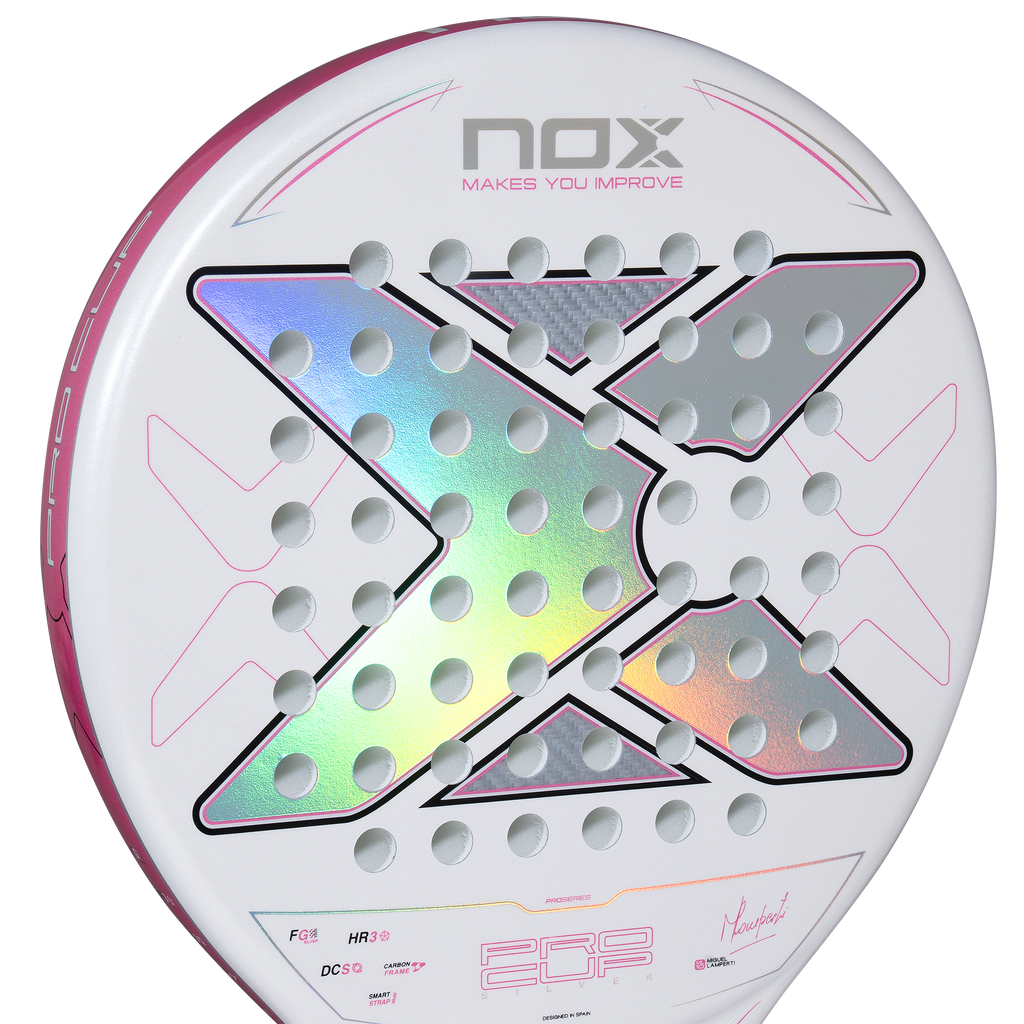 close up image of the face of the NOX ML10 Pro Cup Silver Light (2027) Padel Racket available in New Zealand from ThePadelShopNZ