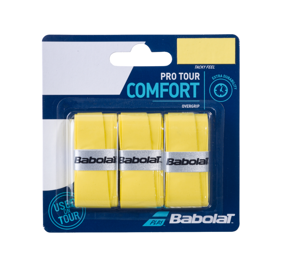 Babolat Pro Tour Comfort tennis overgrip packaging with three yellow overgrips.