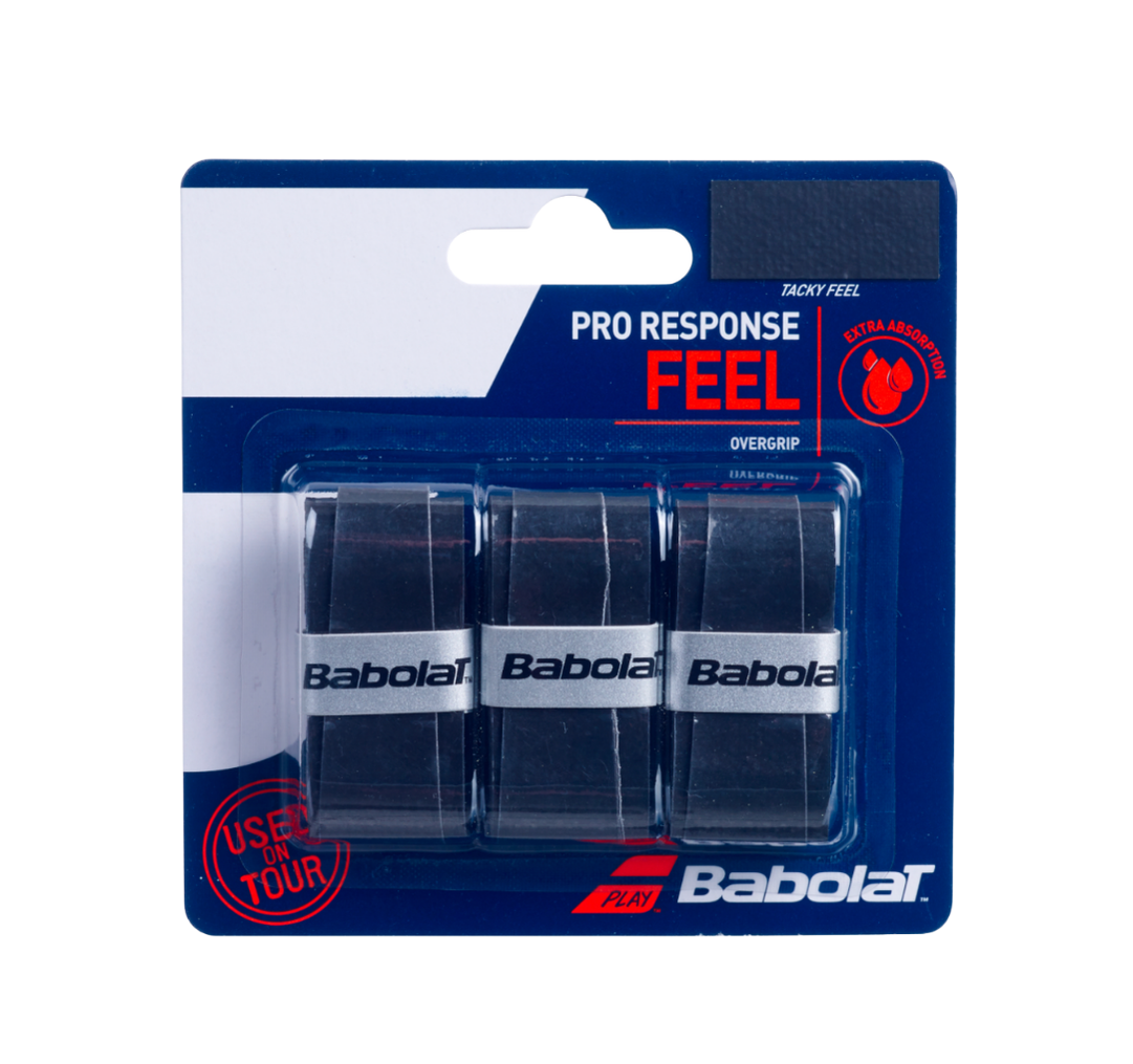 Babolat Pro Response Feel overgrip packaging with three overgrips on a blue background