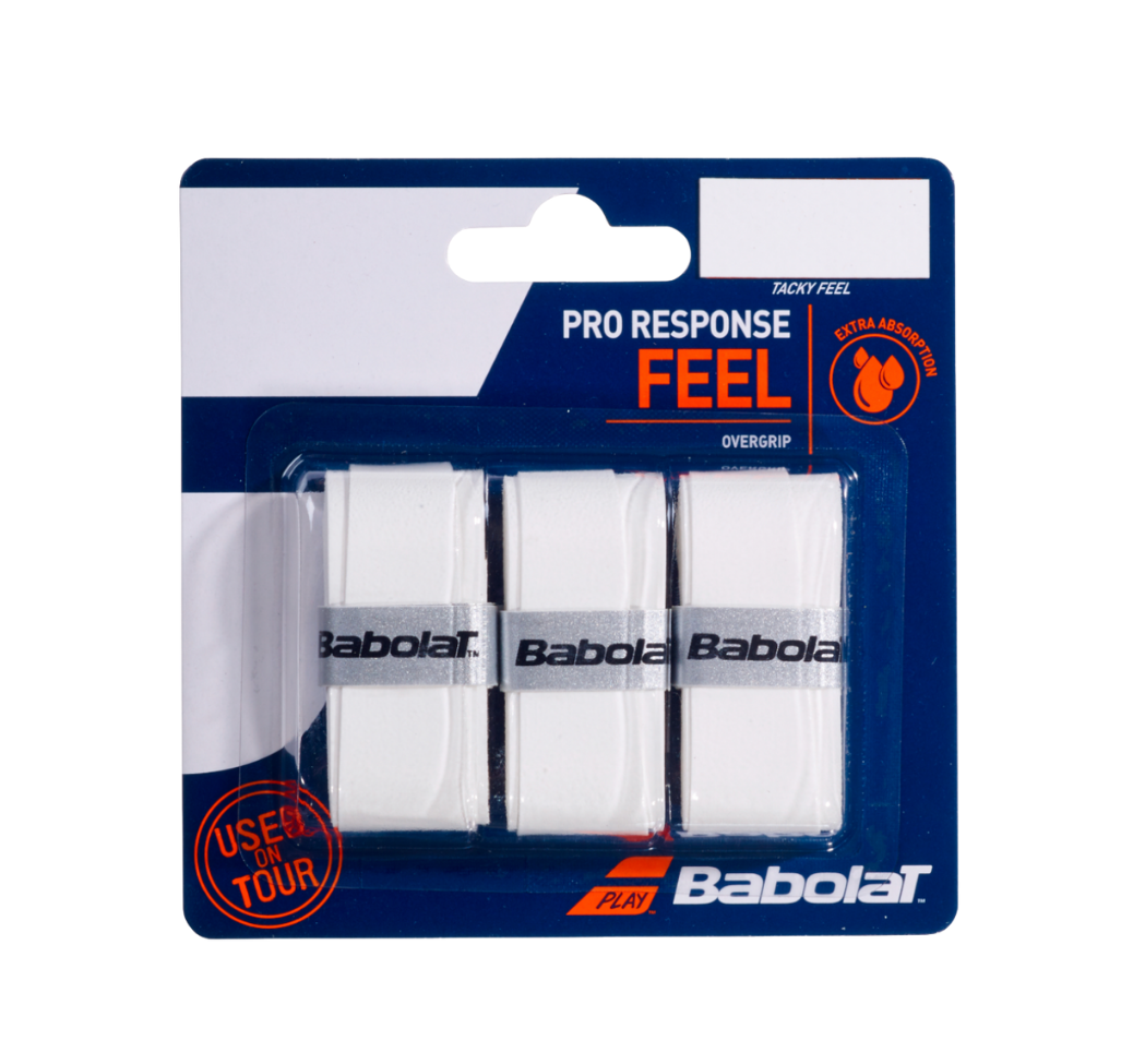 BabolaT overgrip packaging with three white overgrips on a blue background