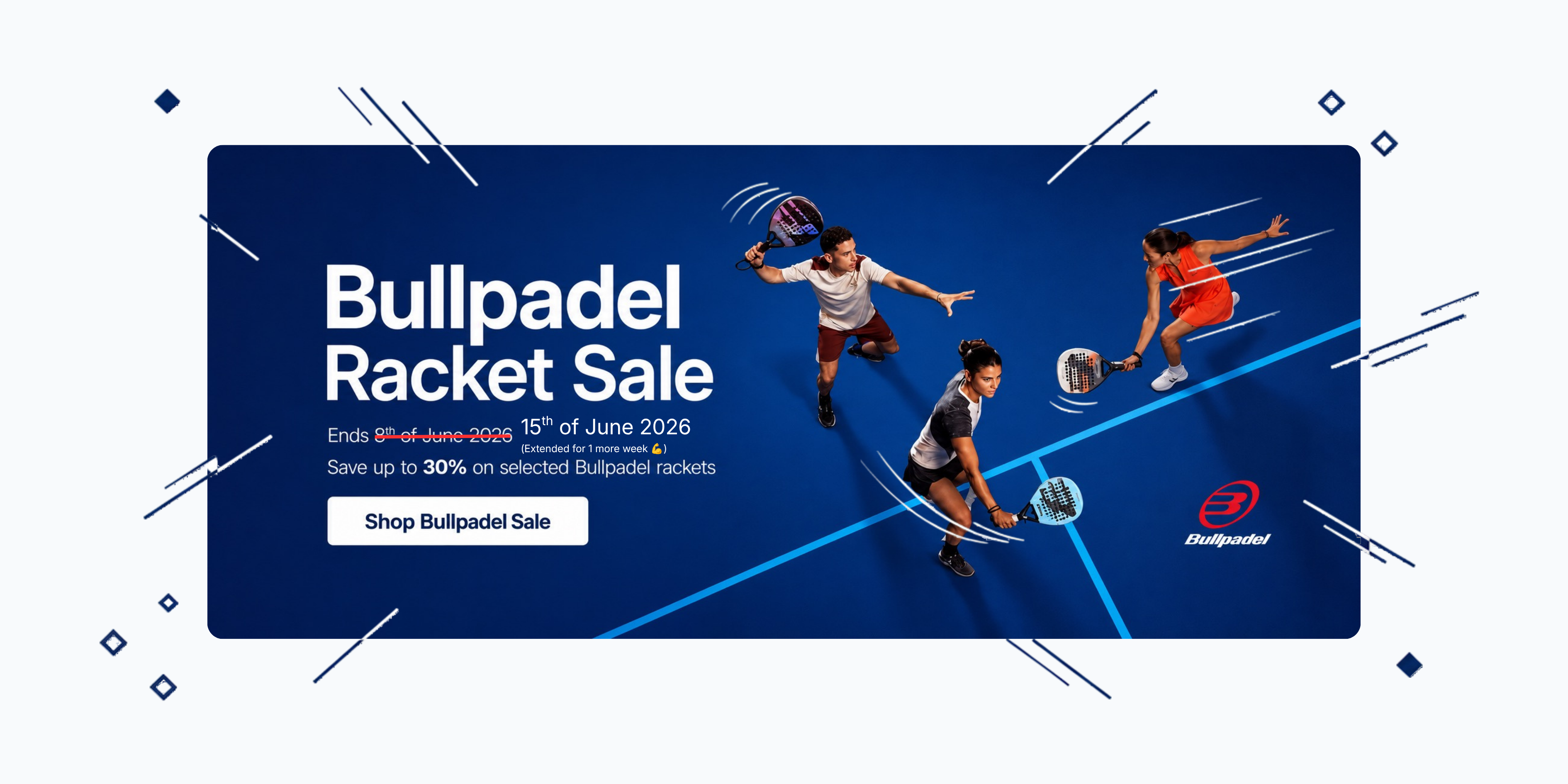 Bullpadel racket sale advertisement with three people playing paddle tennis and promotional text.
