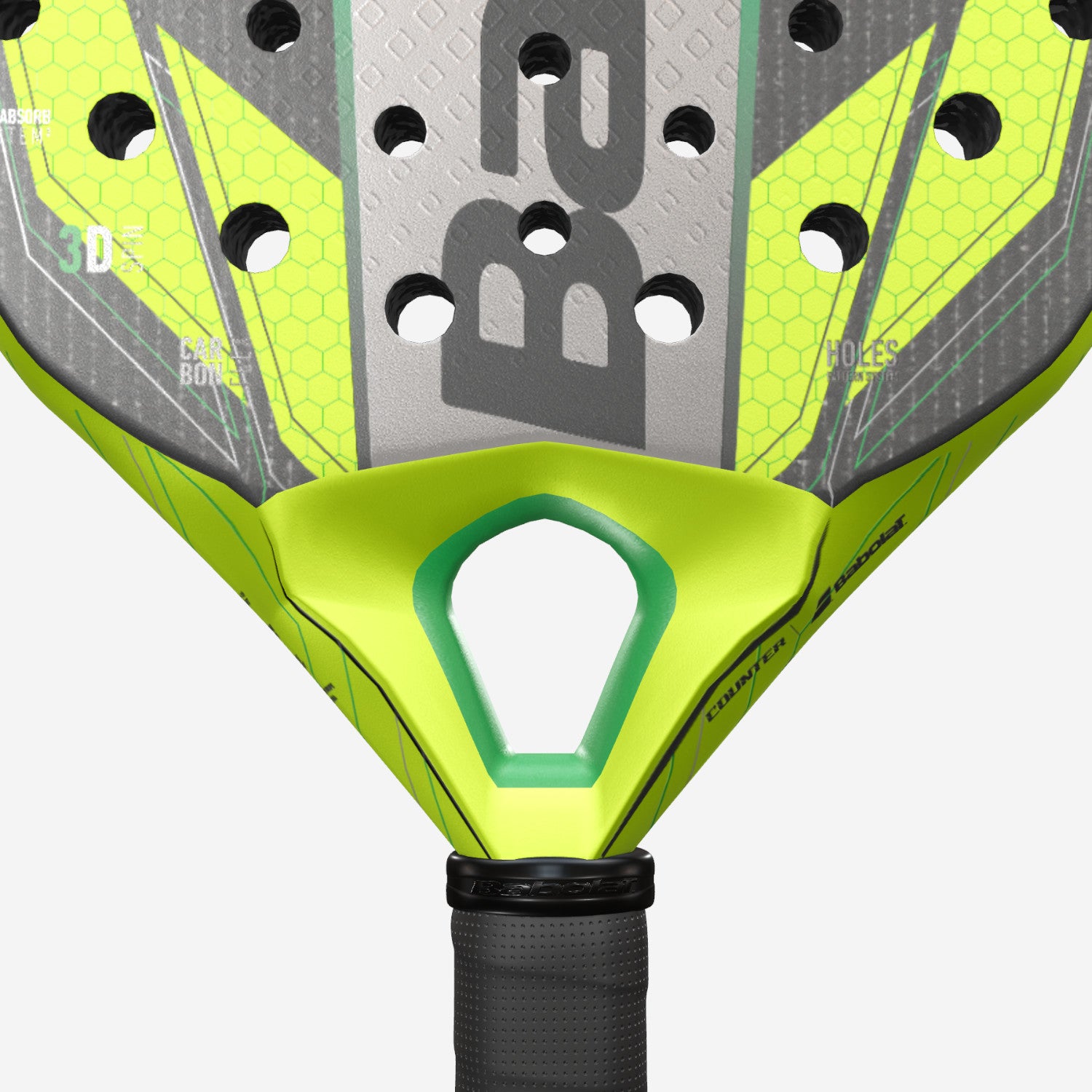 Close up of the throat of the Babolat Counter Veron 2023 padel racket on sale at Thepadelshop.co.nz