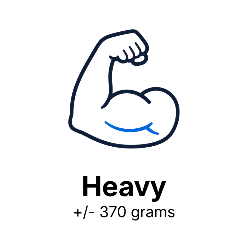 A simple line drawing of a flexed bicep arm icon above the text 'Heavy' and '+/- 370 grams' on a plain white background.