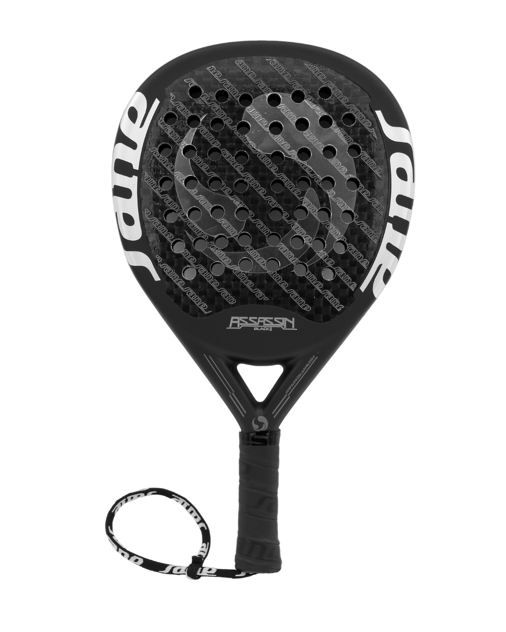 Front image of the SANE Assassin Black ll Padel Racket available in New Zealand from ThePadelShop.co.nz