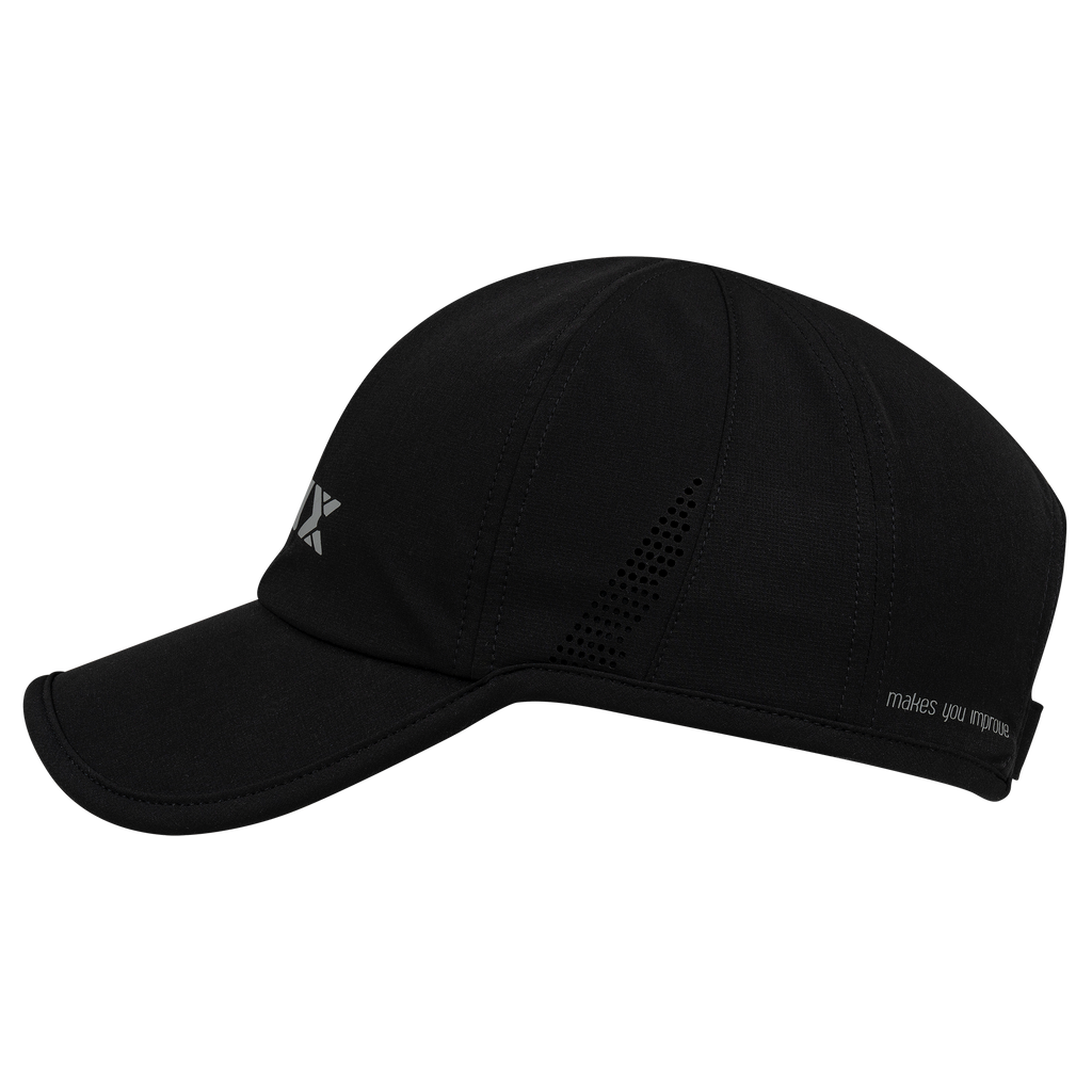 Black cap with a brand logo on a white background