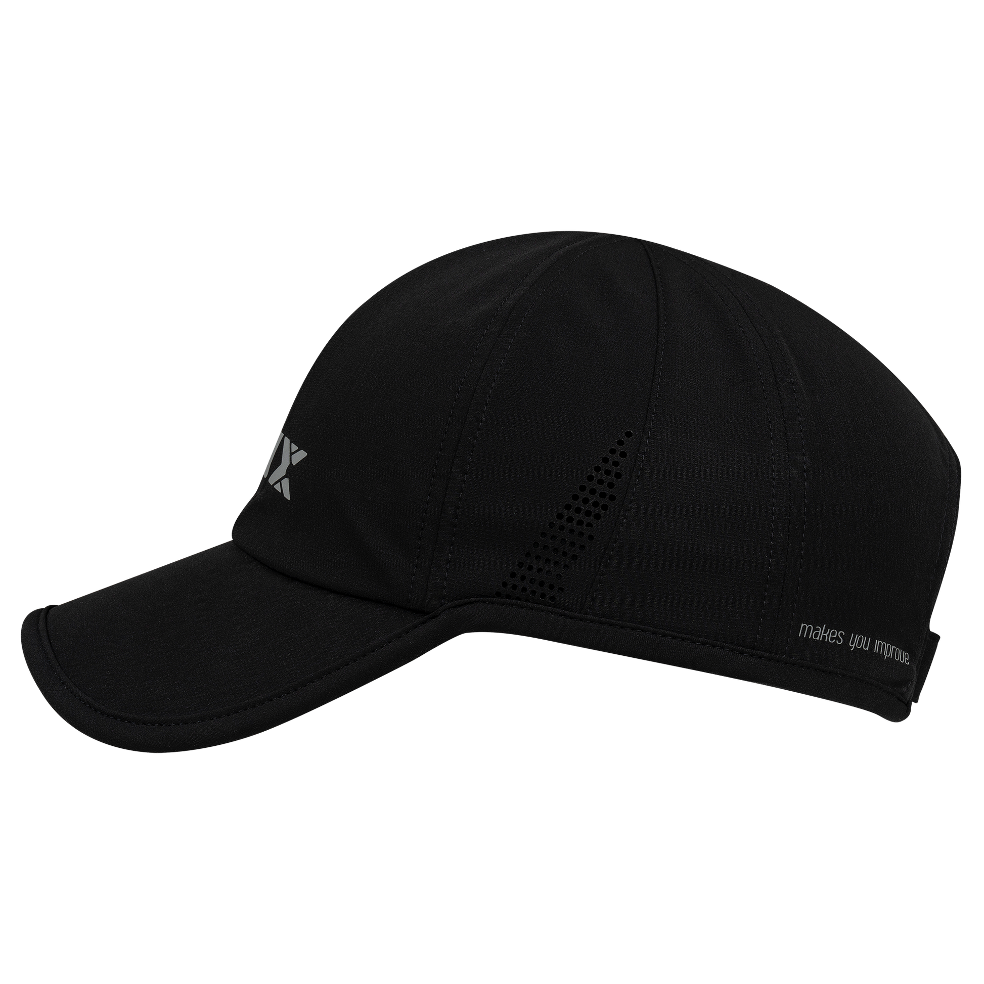 Black cap with a brand logo on a white background