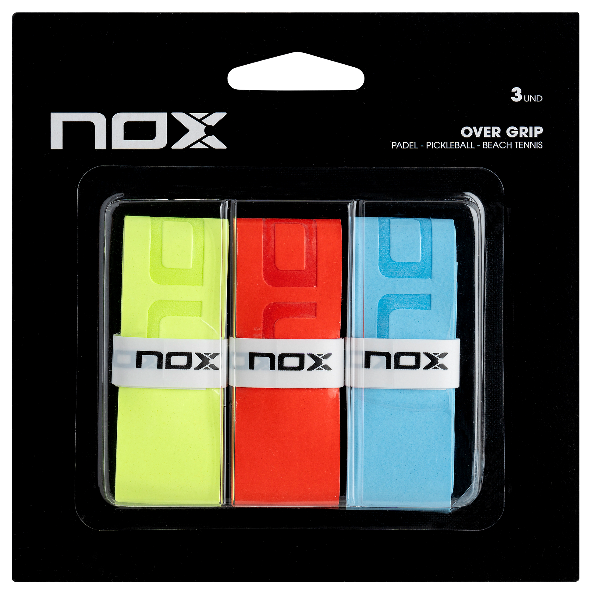 Pack of three NOX overgrips in green, red, and blue packaging on a black background.