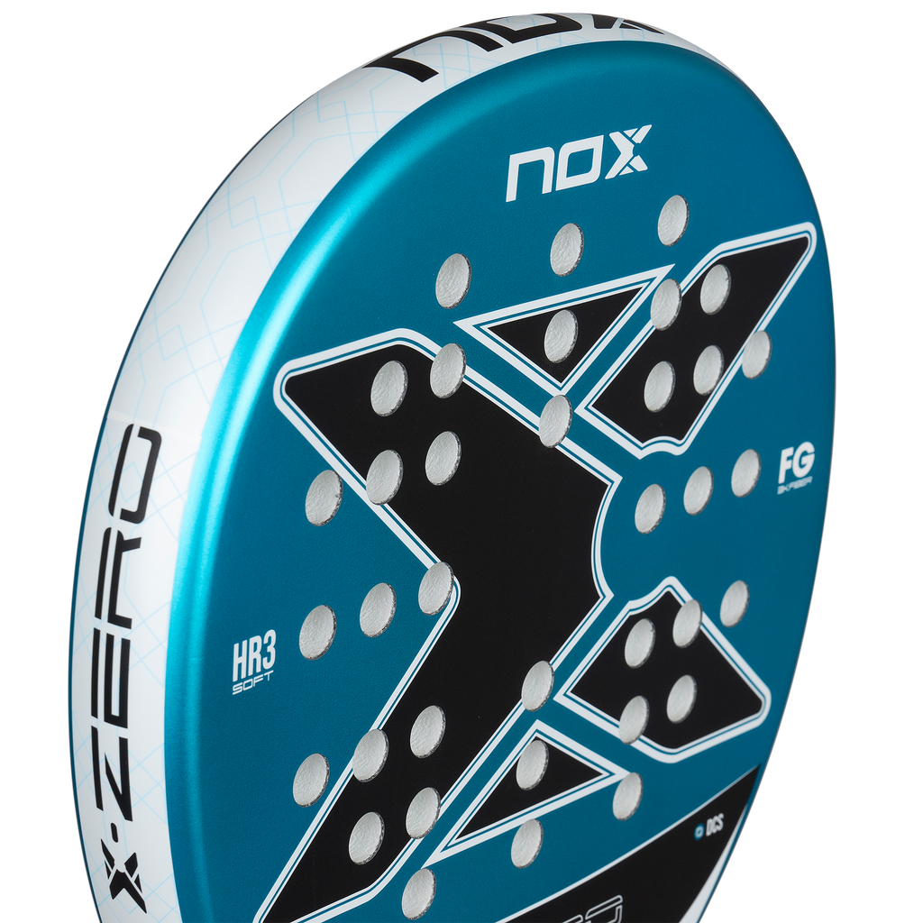 Close up of face of the NOX X-Zero Blue (2026) padel racket available in New Zealand from ThePadelShop.co.nz