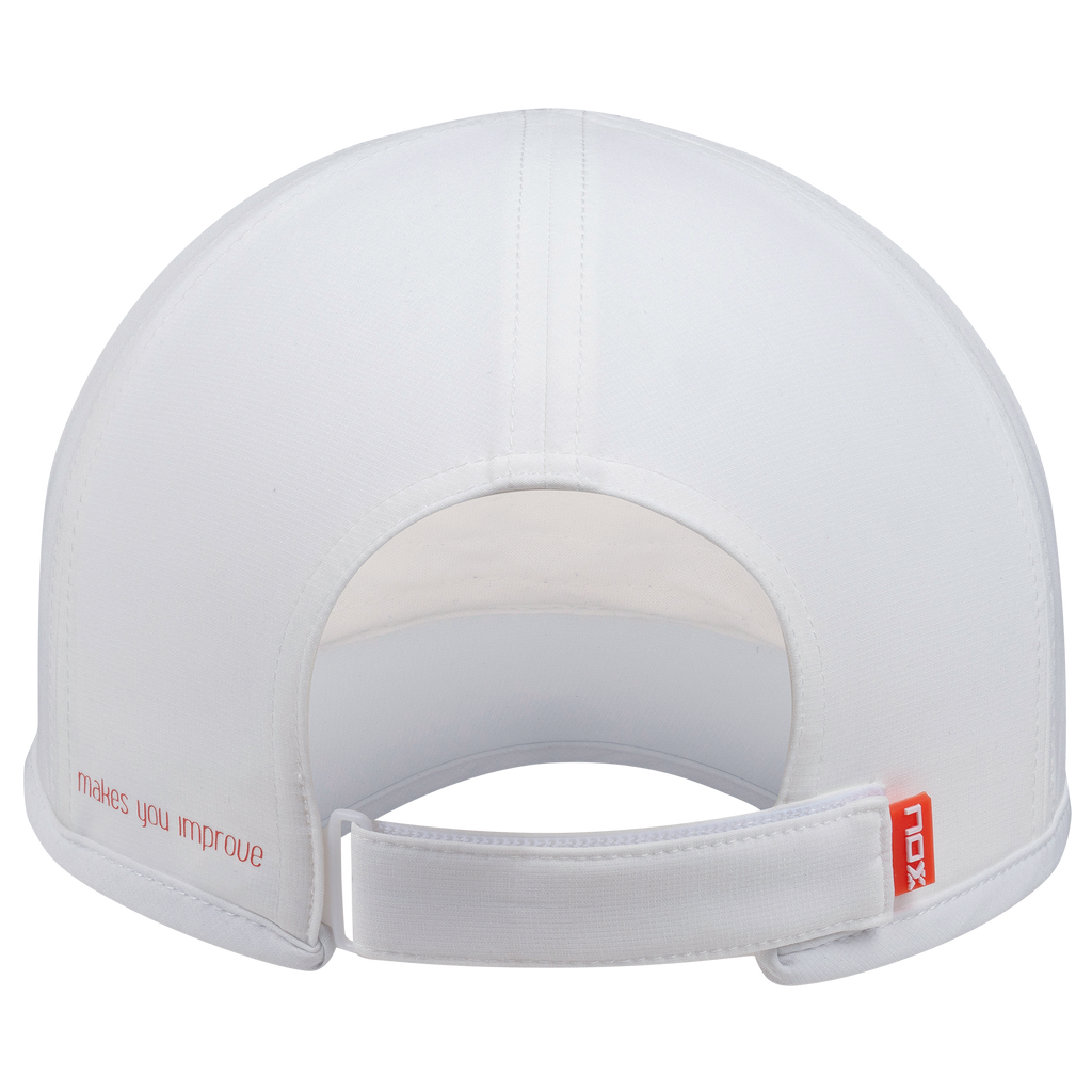 White cap with a brand logo on a white background