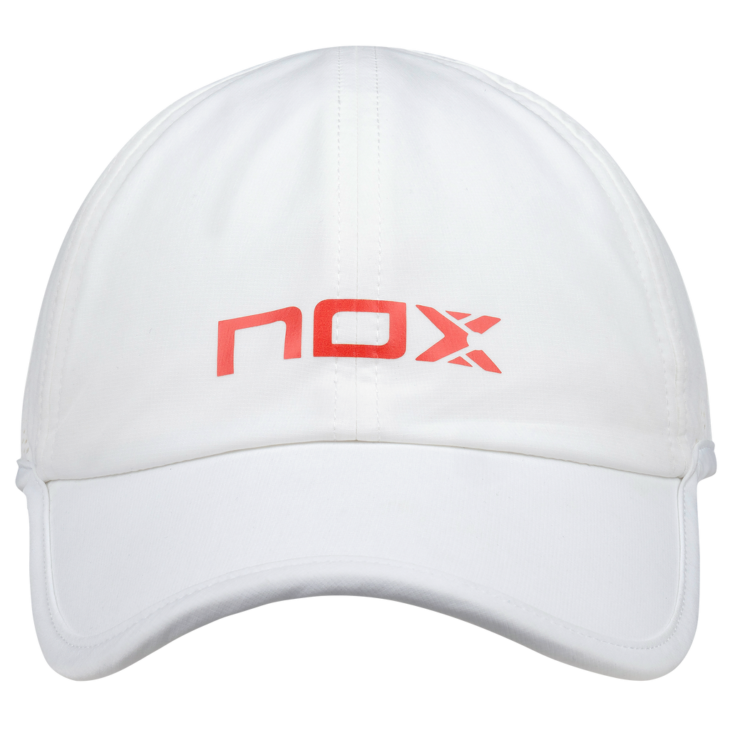 NOX White cap with red logo on a white background