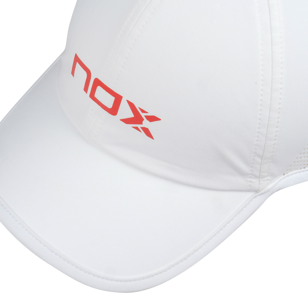 White cap with red logo on a white background