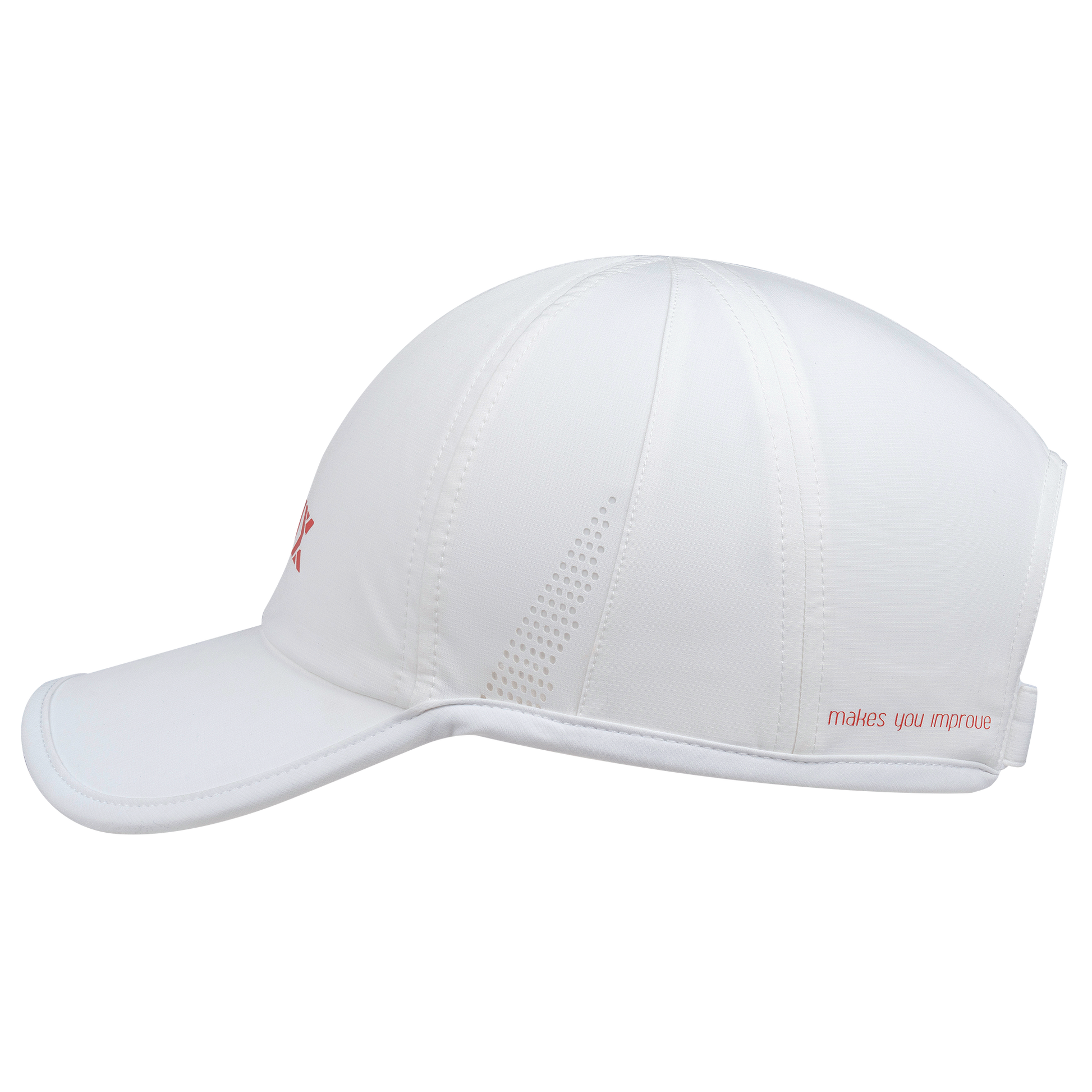 White cap with red text on a white background