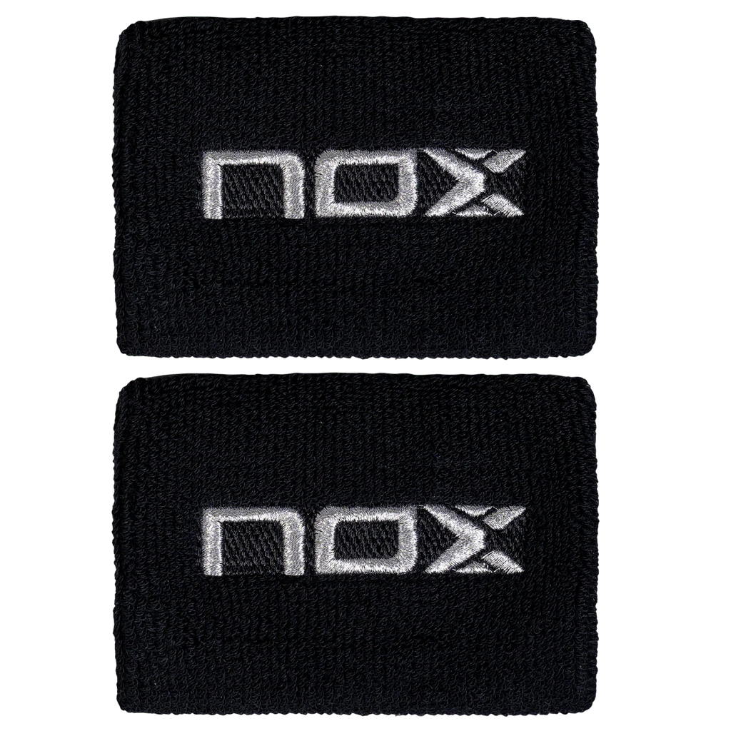 Two NOX black wristbands with a logo on a white background