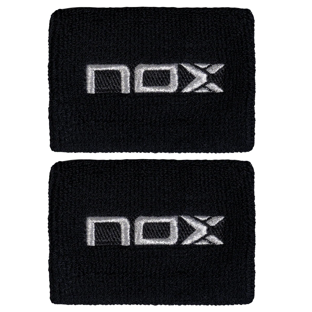 Two NOX black wristbands with a logo on a white background