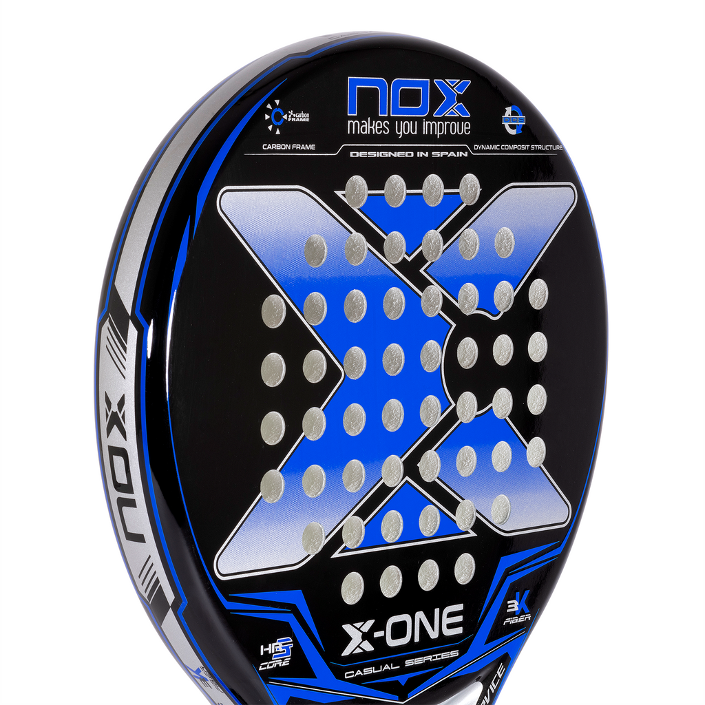 Close up of the top of the Nox X-one Blue Exclusive padel racket on sale from thepadelshop.co.nz