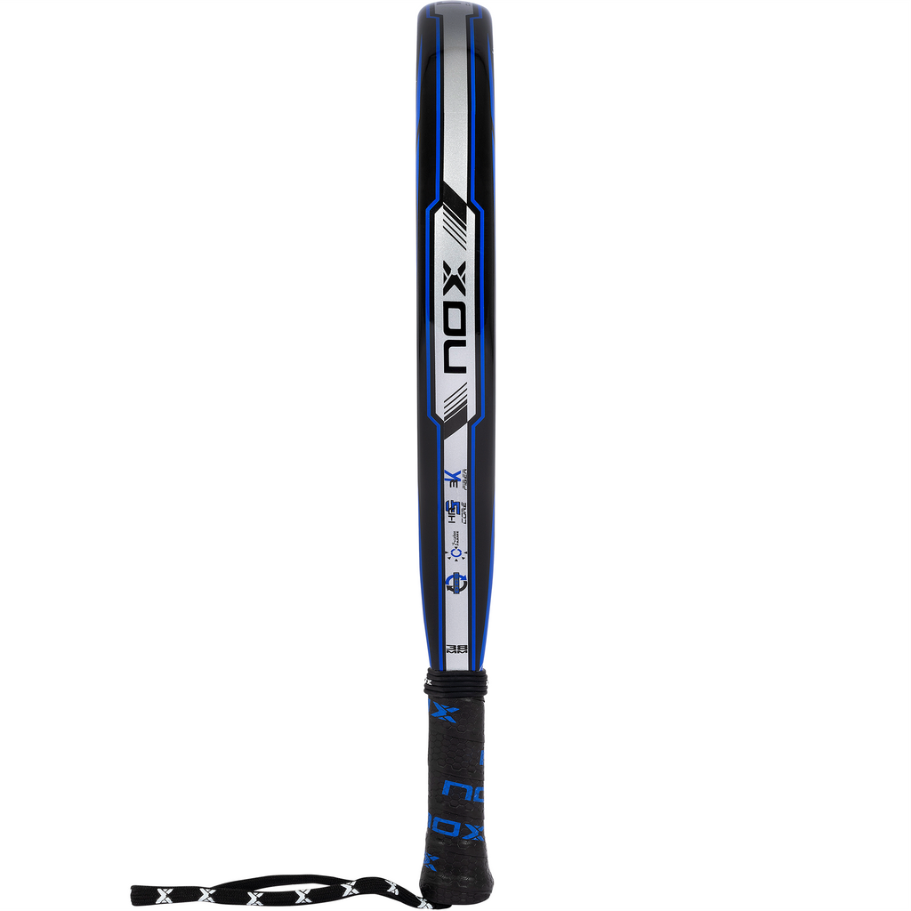 Side veiw of the Nox X-one Blue Exclusive padel racket available in New Zealand form thepadelshop.co.nz