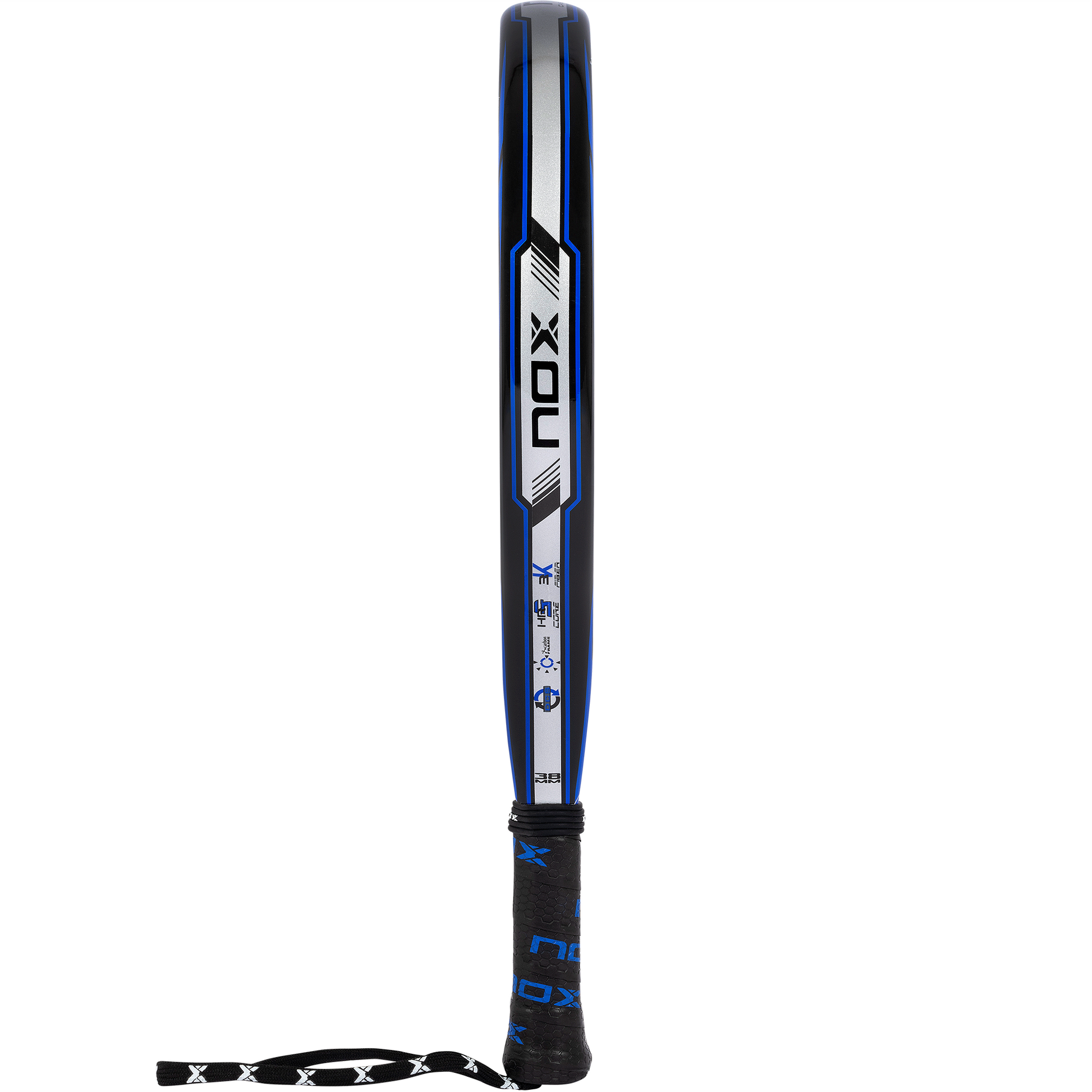 Side veiw of the Nox X-one Blue Exclusive padel racket available in New Zealand form thepadelshop.co.nz