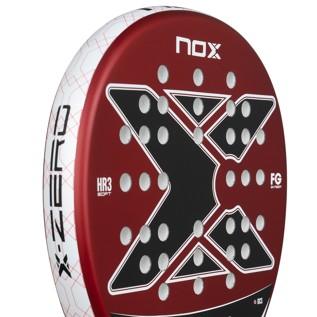 Close up of face of the NOX X-Zero Red 2026 Padel Racket available in New Zealand from ThePadelShop NZ