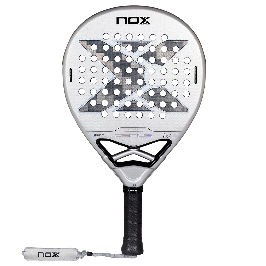 The front image of the NOX Genius 12k Alum Xtrem (2027) padel racket by Agustín Tapia available in New Zealand from ThePadelShopNZ