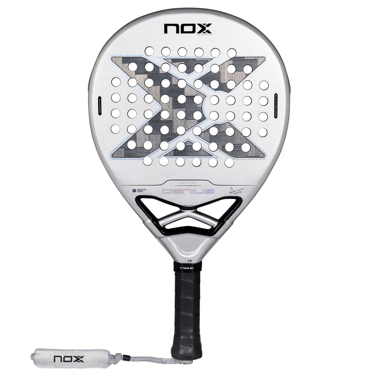 The front image of the NOX Genius 12k Alum Xtrem (2027) padel racket by Agustín Tapia available in New Zealand from ThePadelShopNZ