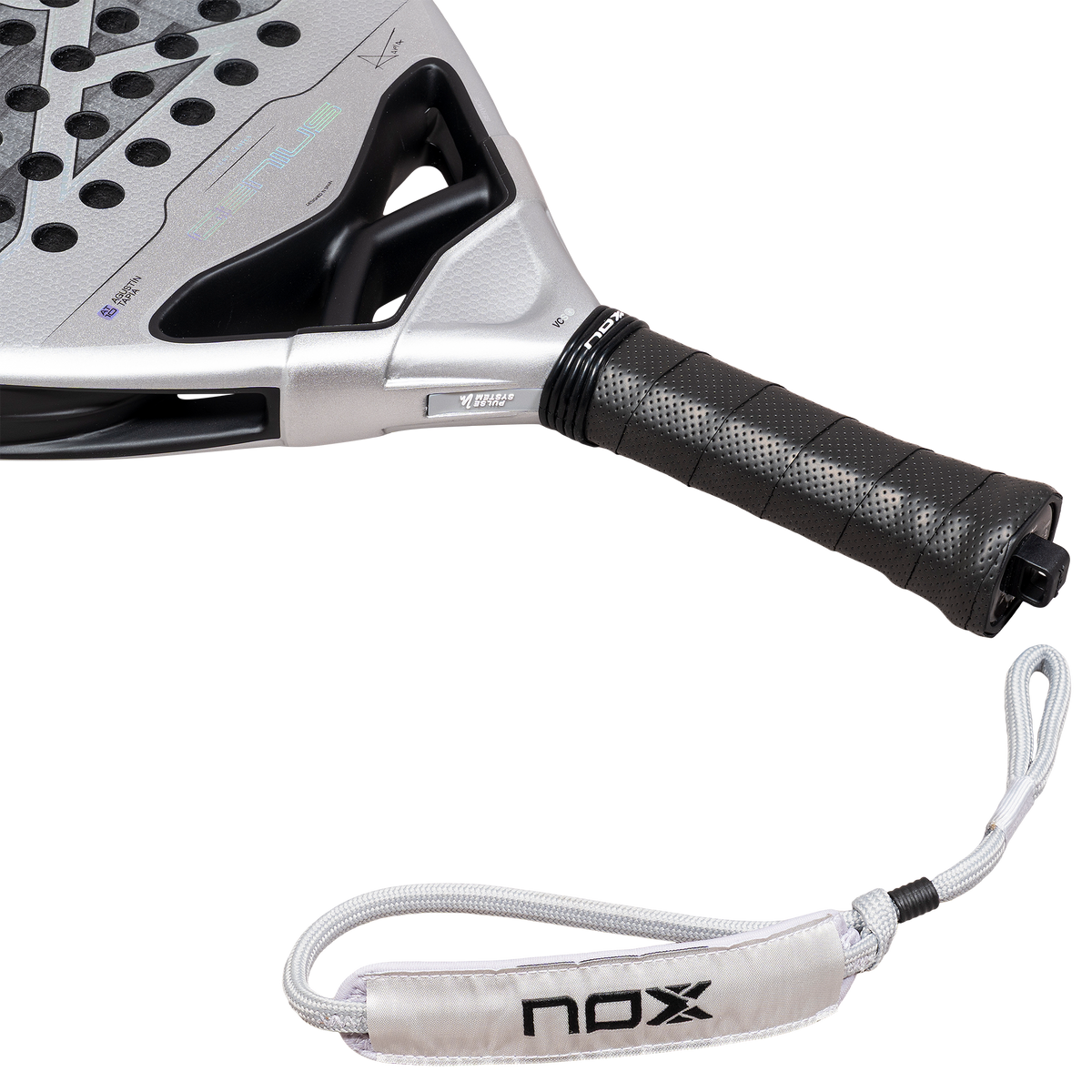 Close up of the smartstrap of the NOX Genius 12k Alum Xtrem (2027) padel racket by Agustín Tapia available in New Zealand from ThePadelShopNZ