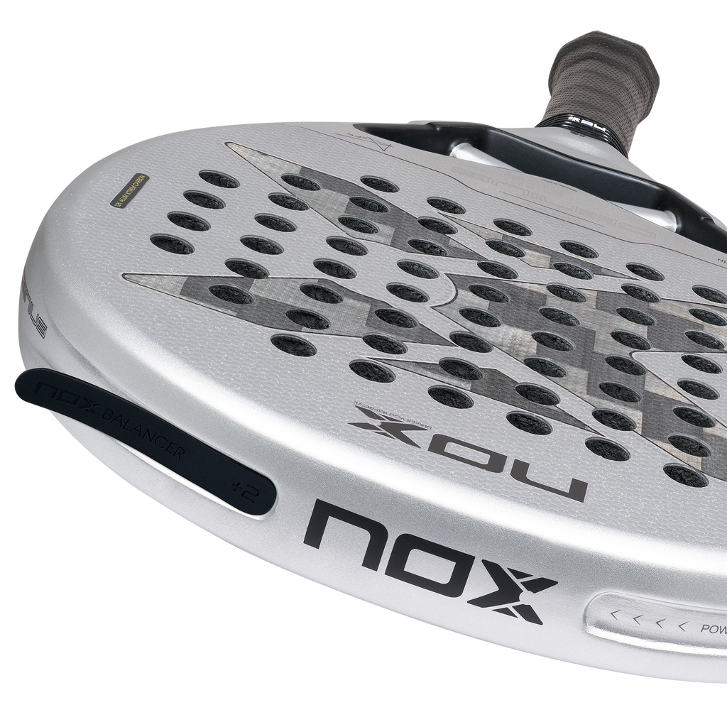 Close up of the 2g weight balance system of the NOX Genius 12k Alum Xtrem (2027) padel racket by Agustín Tapia available in New Zealand from ThePadelShopNZ