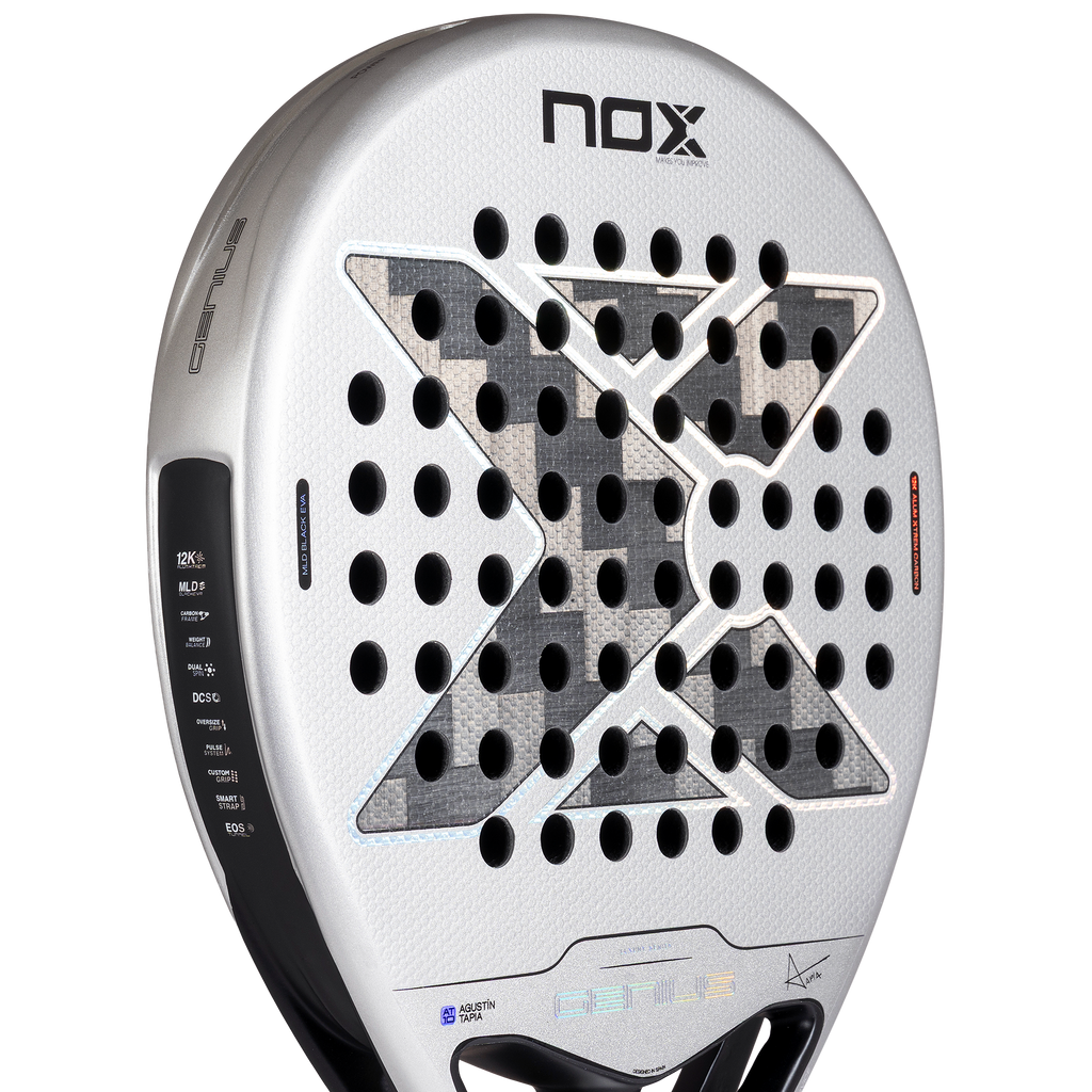 Close up of the face of the NOX Genius 12k Alum Xtrem (2027) padel racket by Agustín Tapia available in New Zealand from ThePadelShopNZ