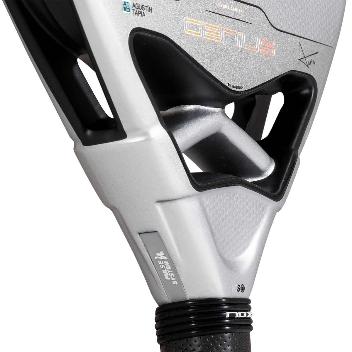 Close up of the pulse system of the NOX Genius 12k Alum Xtrem (2027) padel racket by Agustín Tapia available in New Zealand from ThePadelShopNZ