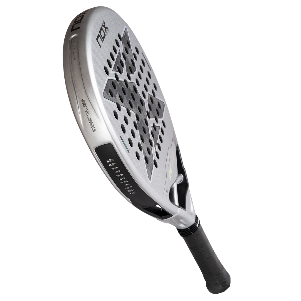 floating imageof the NOX Genius 12k Alum Xtrem (2027) padel racket by Agustín Tapia available in New Zealand from ThePadelShopNZ