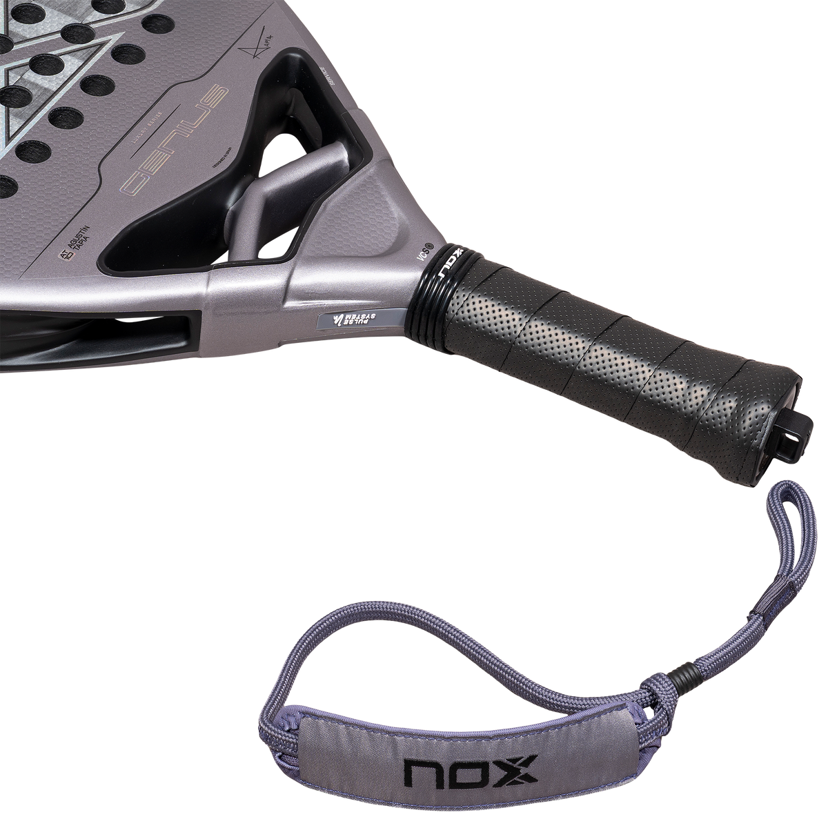 Close up of the Smartstrap on the NOX Genius 18k Alum (2027) padel racket available in New Zealand from ThePadelShop NZ