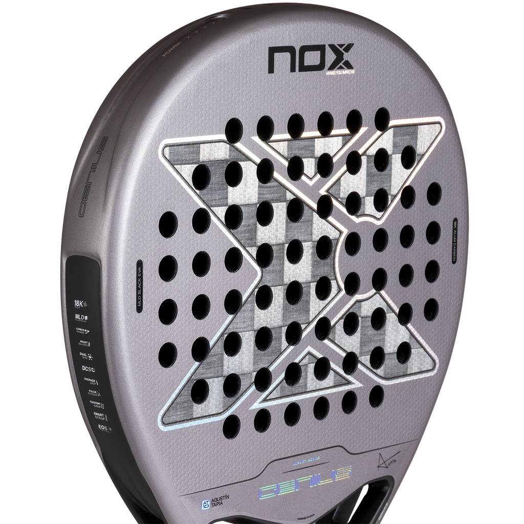 Close up of the face of the NOX Genius 18k Alum (2027) padel racket available in New Zealand from ThePadelShop NZ