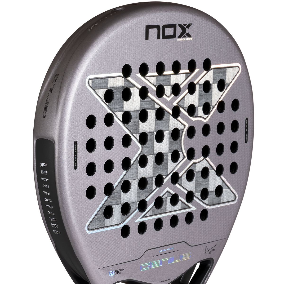 Close up of the face of the NOX Genius 18k Alum (2027) padel racket available in New Zealand from ThePadelShop NZ