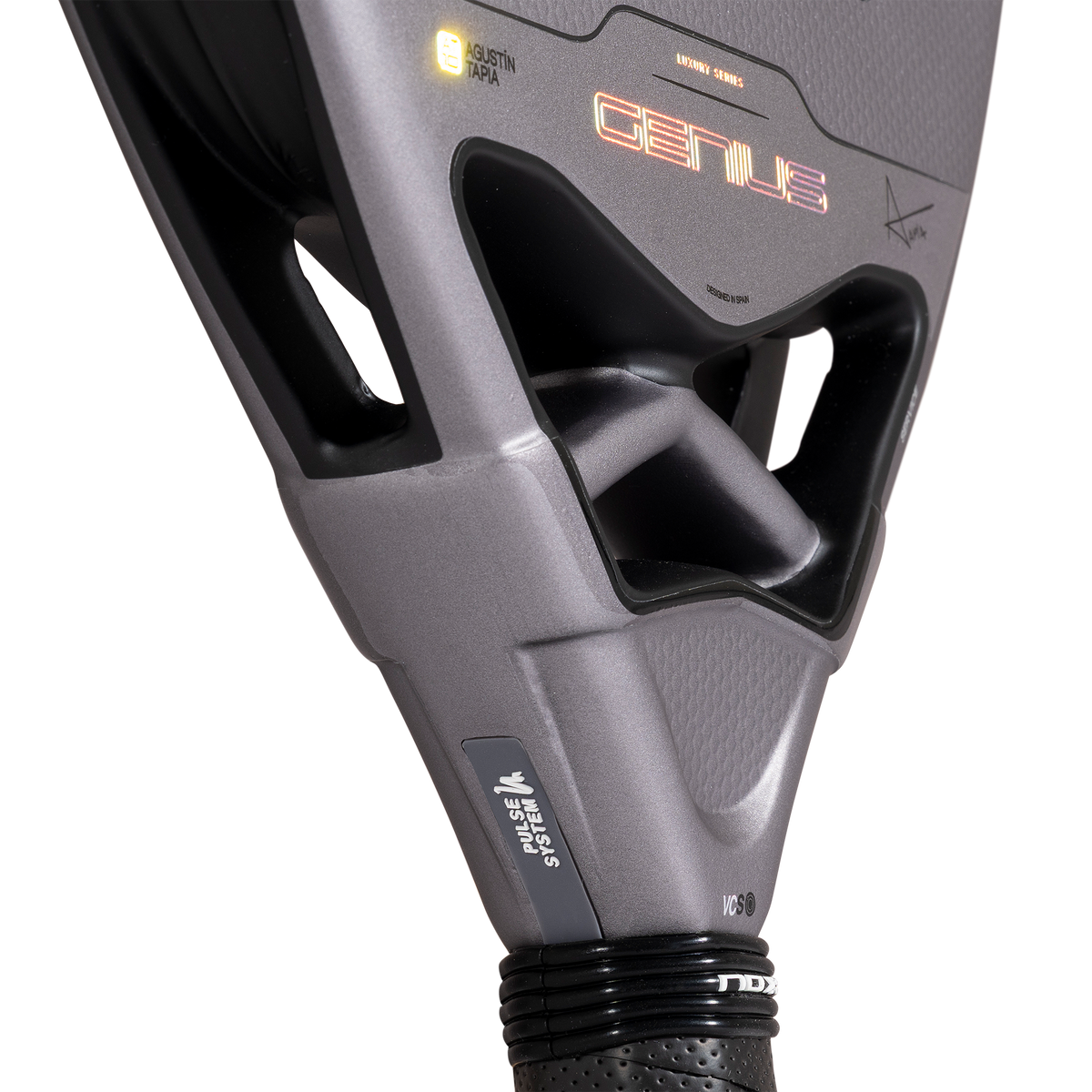 Close up of the Pulse System of the NOX Genius 18k Alum (2027) padel racket available in New Zealand from ThePadelShop NZ