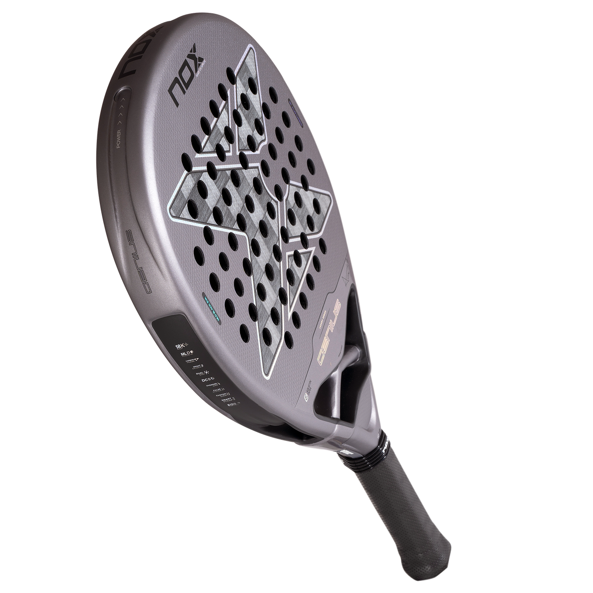 Fun image of the NOX Genius 18k Alum (2027) padel racket available in New Zealand from ThePadelShop NZ