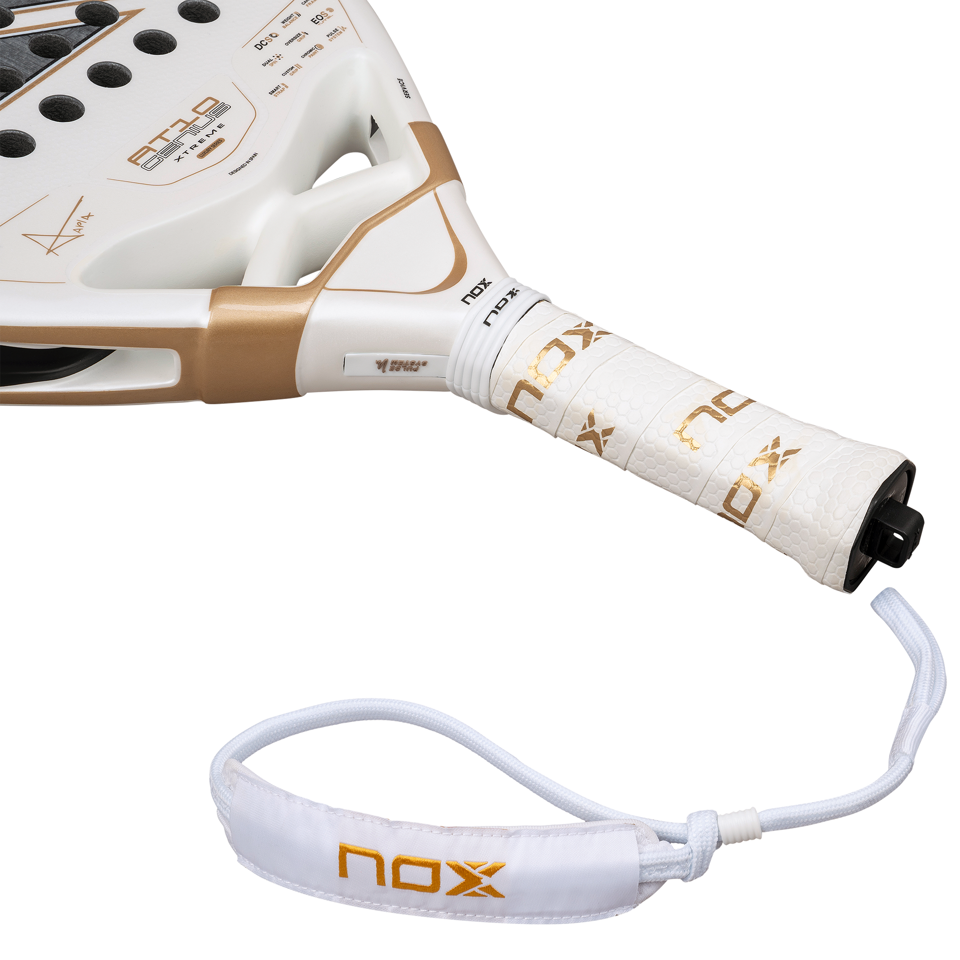View of the handle of the NOX AT10 Luxury Genius 12K Alux Xtrem padel racket. Available at ThePadelShop.co.nz